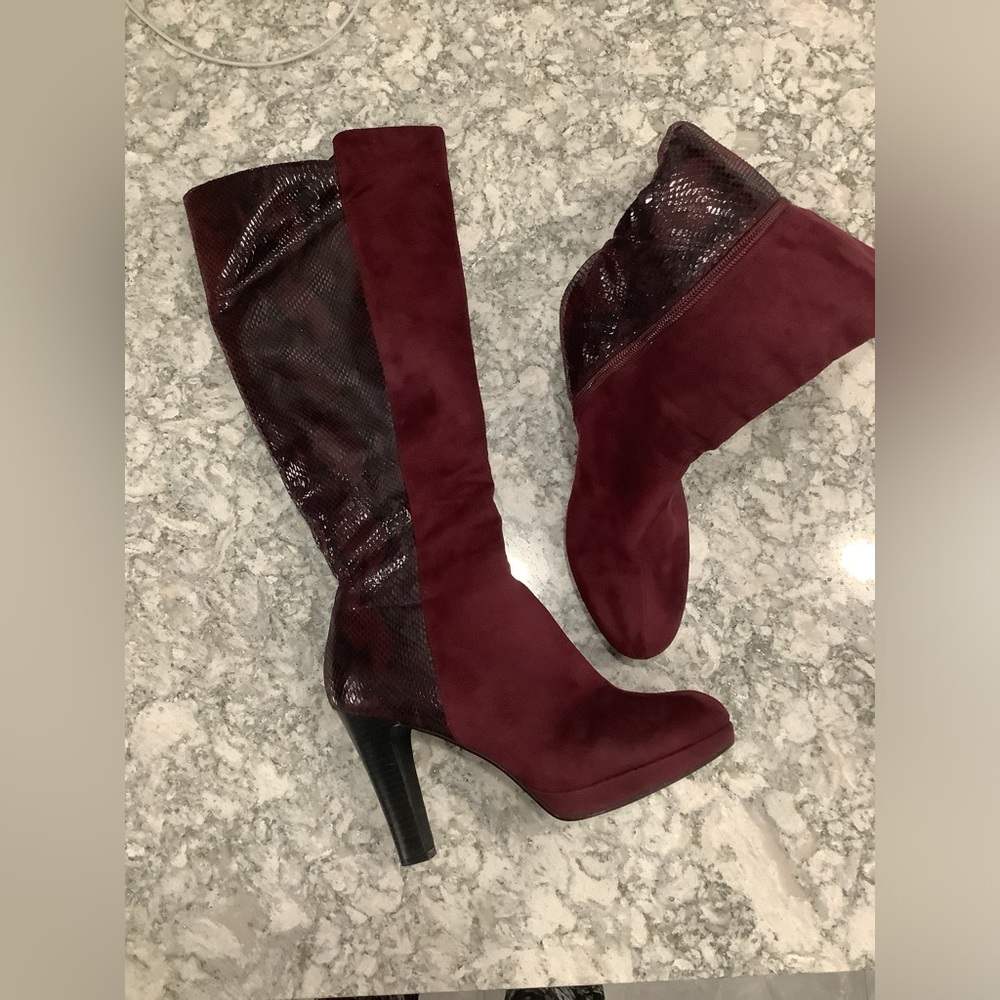 Impo Stretch faux suede and faux snake print tall heeled boots